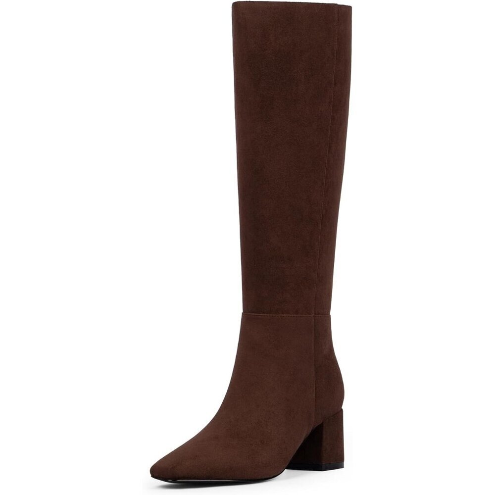 Women's Suede Chocolate Knee High Boots Square Toe Tall Chunky Heel Rubber